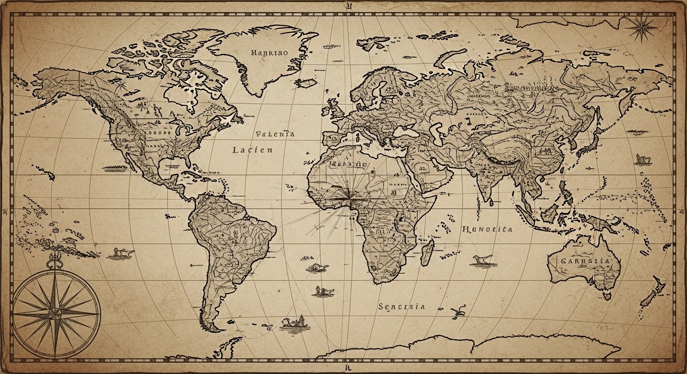 Ancient world map on parchment showing detailed coastlines and early cartographic knowledge