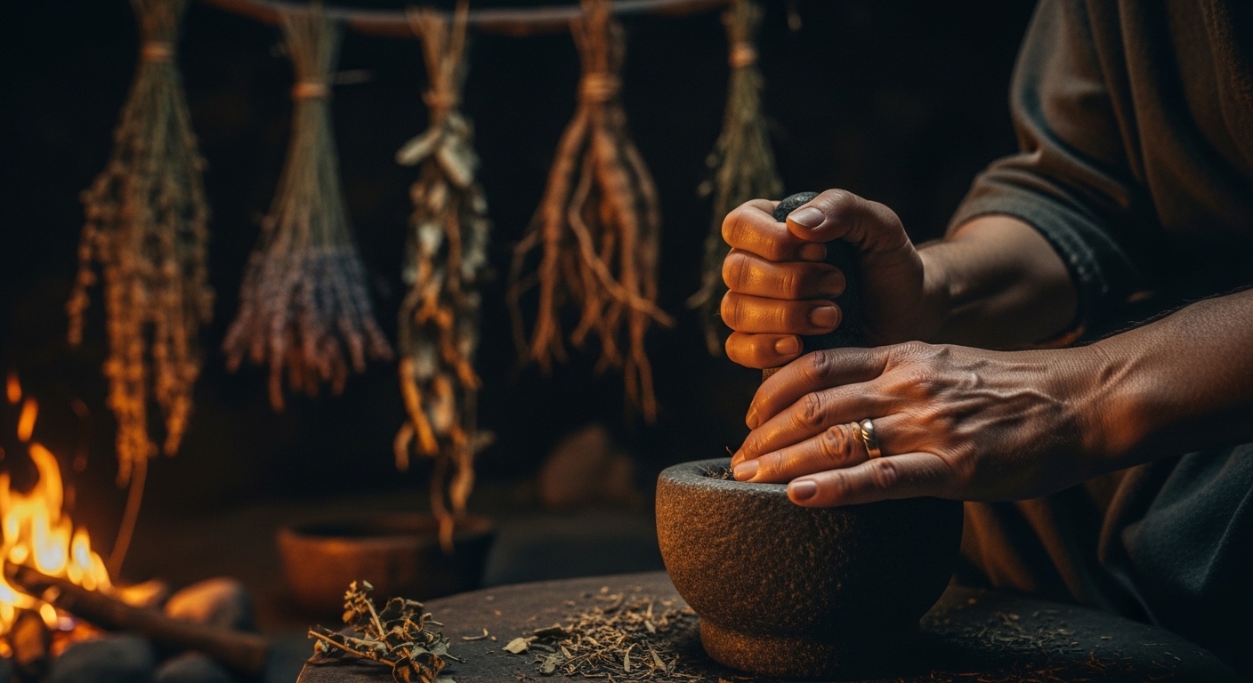 Ancient shamanic healer preparing traditional herbal medicine using a stone mortar and pestle in a firelit prehistoric dwelling, representing human resilience before modern healthcare.